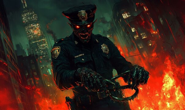 Demonic cop in a burning city.