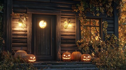 spooky Halloween scene with pumpkins and lights around old house, decorated for holiday