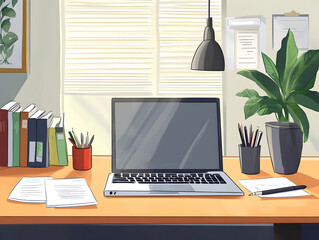 Fototapeta premium A simple office scene with a laptop and paperwork on the desk.