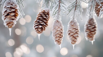 Frost-Covered Pine Cones Hanging from a Branch with Icicles