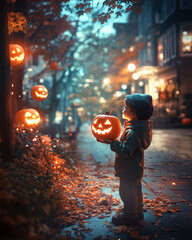 Boy with pumpkin on the street on Halloween
