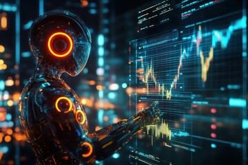 Obraz premium Futuristic Robot Analyzing Data on a Screen with a Stock Market Graph