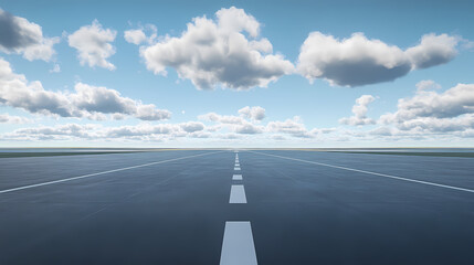 Wide view of an empty airport runway under a blue sky with clouds, ready for takeoff or landing in clear weather conditions. Runway Model. Illustration