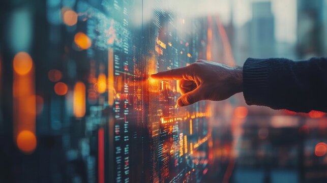 Business chart and finger hover over blurry office.