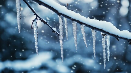 Icicles Hanging from a Snow-Covered Branch in a Wintery Setting