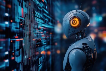 Futuristic Robot Examining Digital Code on a Screen