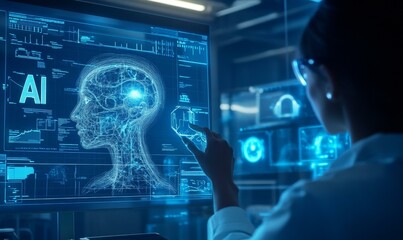A scientist interacts with a digital AI brain model.