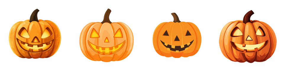 Fototapeta premium A collection of carved Halloween pumpkins with various spooky creepy and fun jack o lantern faces and expressions The pumpkins are displayed in an autumn or fall themed arrangement