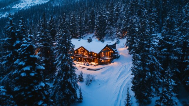 Illuminated Cabin Nestled in a Snowy Evergreen Forest