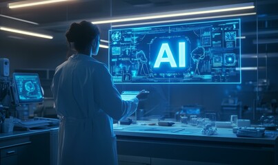 A scientist interacts with an AI display in a lab.