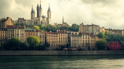 Naklejka premium Fourviere watches over Lyon and Saone River.
