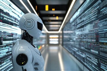 White humanoid robot standing in a futuristic server room