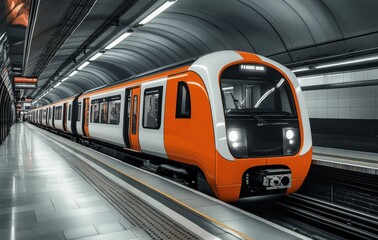 Fototapeta premium A fast-moving subway train captured with a long exposure, creating dynamic light trails and a sense of speed. The image emphasizes urban motion and modern transportation.
