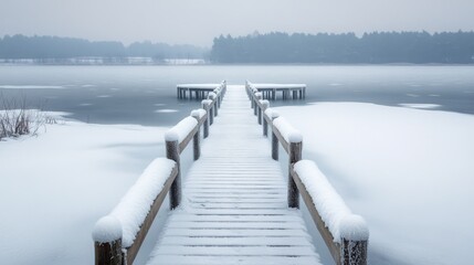 Naklejka premium A snow-covered wooden bridge leading towards a foggy forest across a frozen lake.