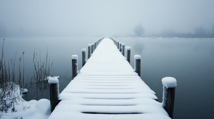 Fototapeta premium A Snow-Covered Wooden Pier Extending into a Misty Lake