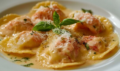 Ravioli with basil, parmesan cheese, and sauce.