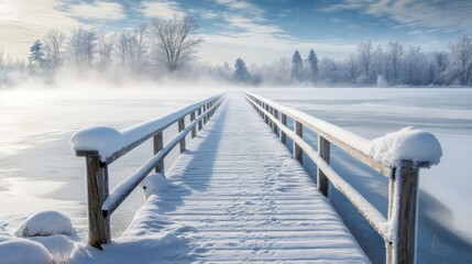 Naklejka premium Snowy Wooden Bridge Extending Over Foggy Frozen Lake