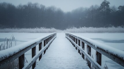 Naklejka premium Snow-Covered Wooden Bridge Leading Through Foggy Forest