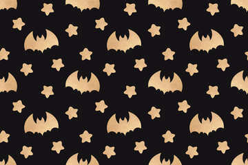 Halloween bats and stars seamless pattern. Elegant pattern with golden bats and stars on a black background.