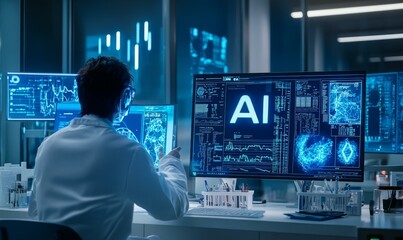 A person working with AI on computer screens.