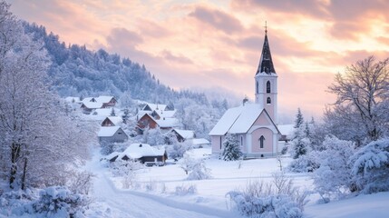 Church Steeple in Snowy Village at Sunset