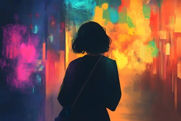 A silhouette of a woman against a vibrant, colorful urban backdrop at night. Generative AI