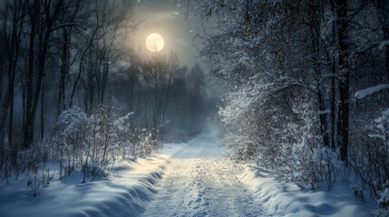 Snow-Covered Path Through a Forest Under a Full Moon