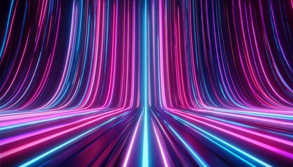 3d rendering, abstract neon background with ascending pink and blue glowing lines. Fantastic wallpaper with colorful laser rays