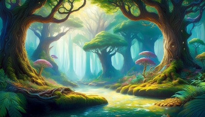 A beautiful fairytale enchanted forest with big trees and great vegetation. Digital painting background