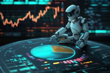 A white humanoid robot interacting with a holographic display showcasing a financial graph.