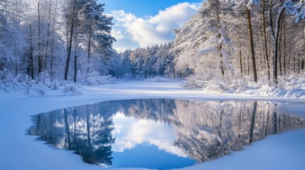 Snow-covered trees reflected in a frozen lake