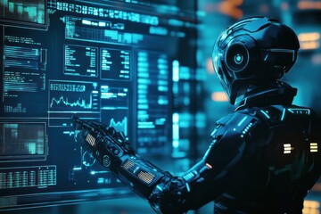 Futuristic Robot Interacting With Digital Data Screens