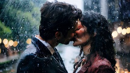 An attractive young couple kissing romantically outside in the rain
