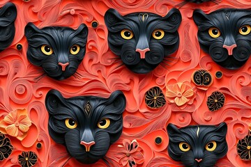 seamless pattern of 3D black panther animal ,  paper quill pattern.	

