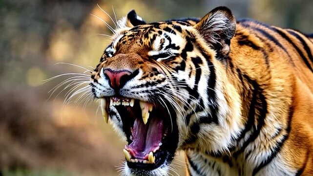 A saber-toothed tiger roaring with its mouth wide open.