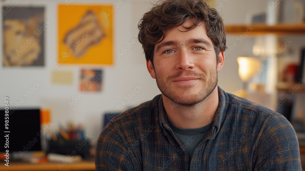 Poster man with a beard and a plaid shirt is smiling at the camera. he is sitting at desk with a computer m