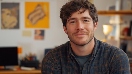 Obraz premium Man with a beard and a plaid shirt is smiling at the camera. He is sitting at desk with a computer monitor and a keyboard. a man talking to the camera, smiling, caucasian. creative office environment