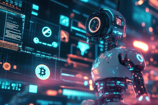 Futuristic Robot with Bitcoin Symbol on a Digital Interface