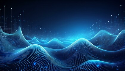 Abstract blue tech background with digital waves, dynamic network system, artificial neural connections, cyber quantum computing and electronic global intelligence