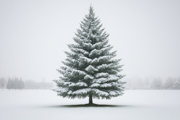 Obraz premium Small white pine tree is standing in the snow. The snow is white and fluffy, and the tree is surrounded by a blanket of snow. Scene is peaceful. a pine tree covered with snow in a winter background
