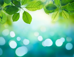 Naklejka premium Abstract blur focus mint green Bokeh leaf spring nature light eco Blue foliage background concept cool summer texture, bio spring calm day, organic health in turquoise wallpaper, blurred park leaf.