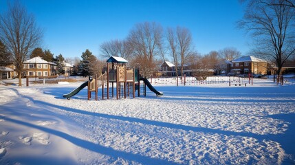 A playground set in a snowy, suburban neighborhood