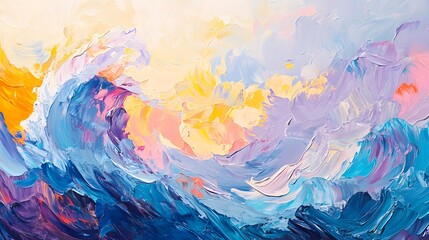 Abstract, colorful oil painting of ocean waves with textured brush strokes, impasto, and thick paint layers. Close-up, macro shot with vibrant colors of blue, pink, yellow, and purple.
