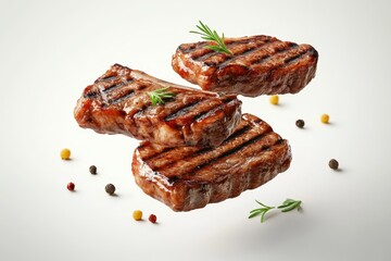 3D depiction of airborne grilled pork chops and beef steaks ultra realistic meat imagery from a detailed angle