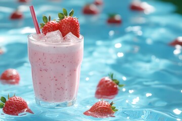 3D strawberry yogurt shake advertisement A glass of strawberry milkshake with ice in a pool
