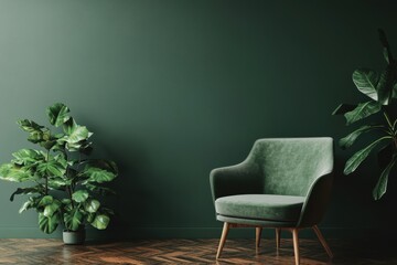 3D rendering of a green armchair and decor against a dark green wall