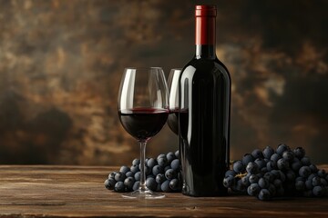 A bottle of red wine rests on a wooden table with grapes and two partly filled glasses creating a calm and classy atmosphere