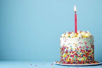 A blue backdrop features a cake adorned with vibrant sprinkles and a single red candle