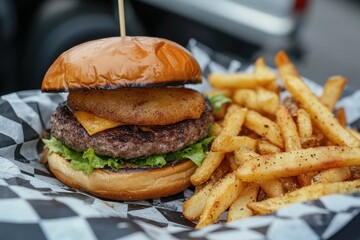 A detailed shot of a tasty gourmet burger with seasoned fries on checkered paper and a food truck behind