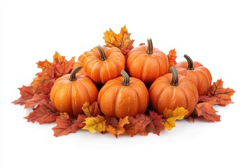 A collection of assorted pumpkins and leaves is positioned on a white backdrop with pumpkins in varied sizes and scattered leaves around them